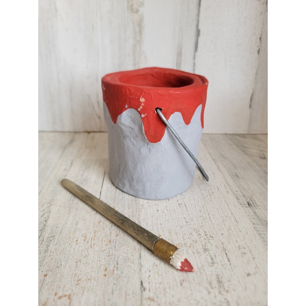 Vintage paper mache red paint bucket brush art unique home decor prop set